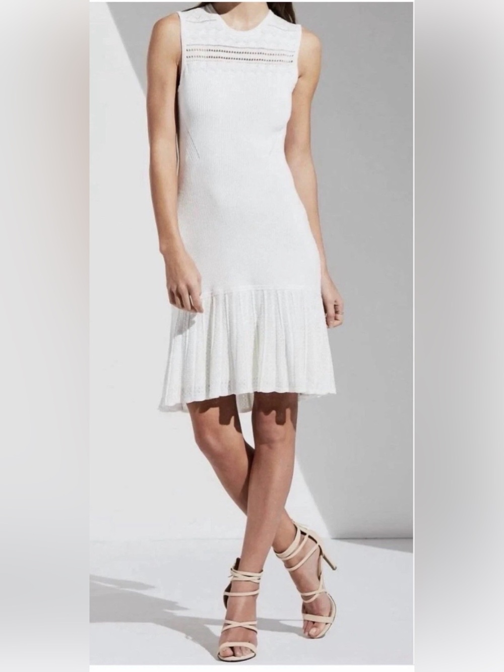 Ribbed Design White Sleeveless Midi Dress with Flounce Hem